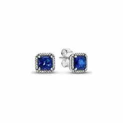 Boucles D'oreilles Clous Pandora Timeless Halo Scintillant Carrés Bleus En Argent, Oxyde De Zirconium Et Cristal