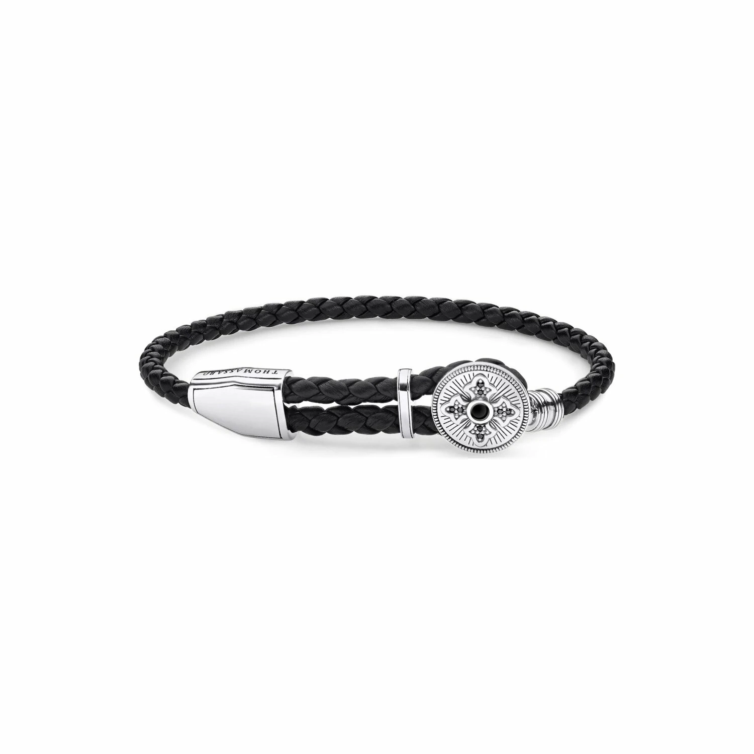Bracelet Thomas Sabo Croix En Argent, Cuir Et Oxyde De Zirconium Et Onyx, 14-25cm