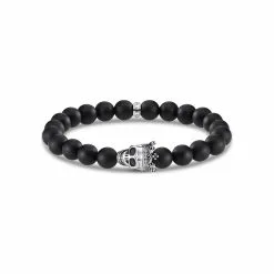 Thomas Sabo Bracelet Tête De Mort Roi En Argent Noirci Et Oxyde De Zirconium, Obsidienne 19.5cm