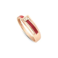 Bague Clozeau En Or Rose, Résine Rouge Et Diamants