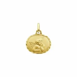 Médaille Augis Ange Raphaël Ovale Facetée En Or Jaune, 16mm