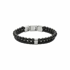 Bracelet FOSSIL Mens Vintage Casual En Cuir, Acier Et Agates Noires